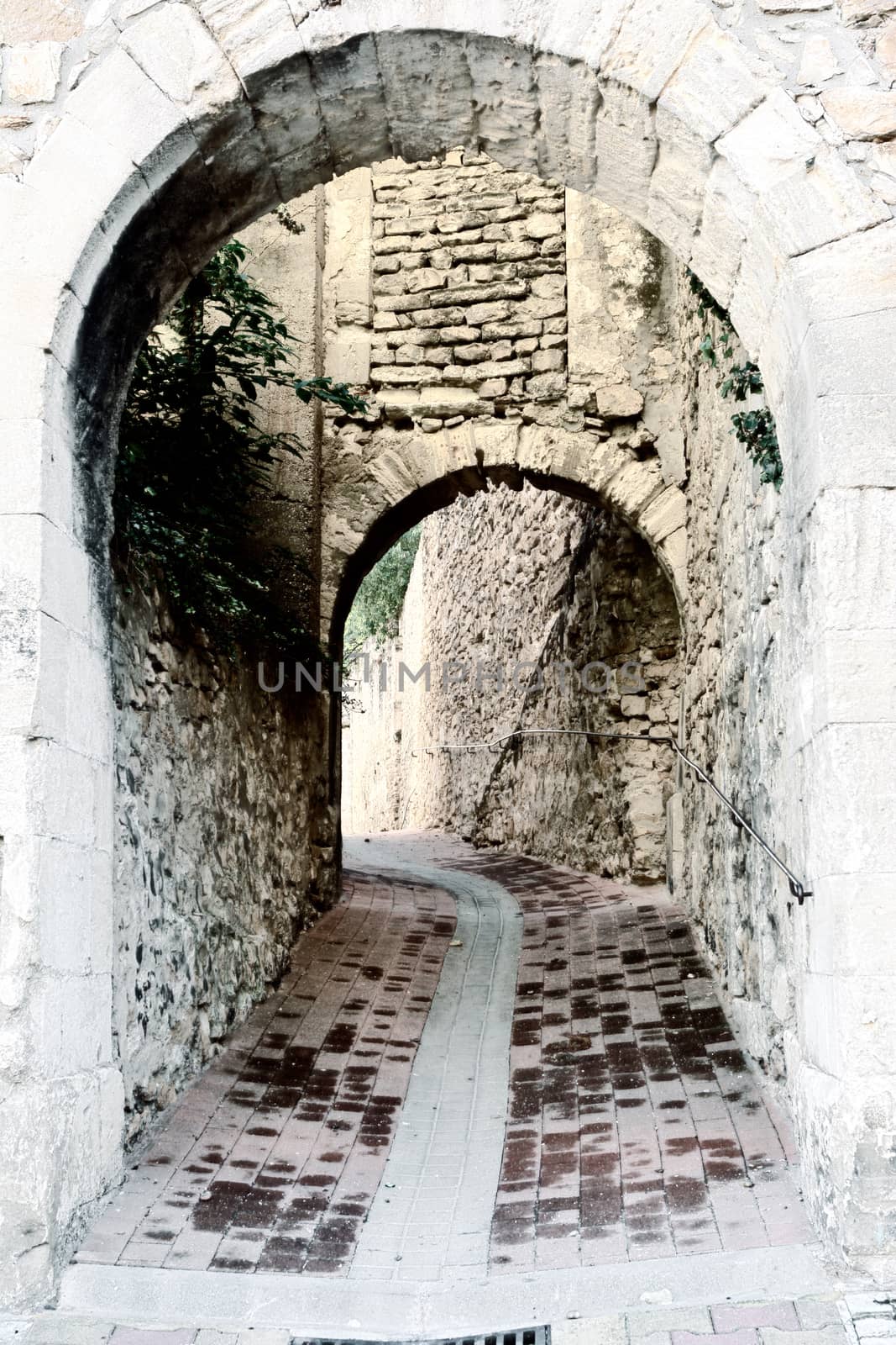 Deserted Archway in the Medieval  French City, Vintage Style Toned Picture 