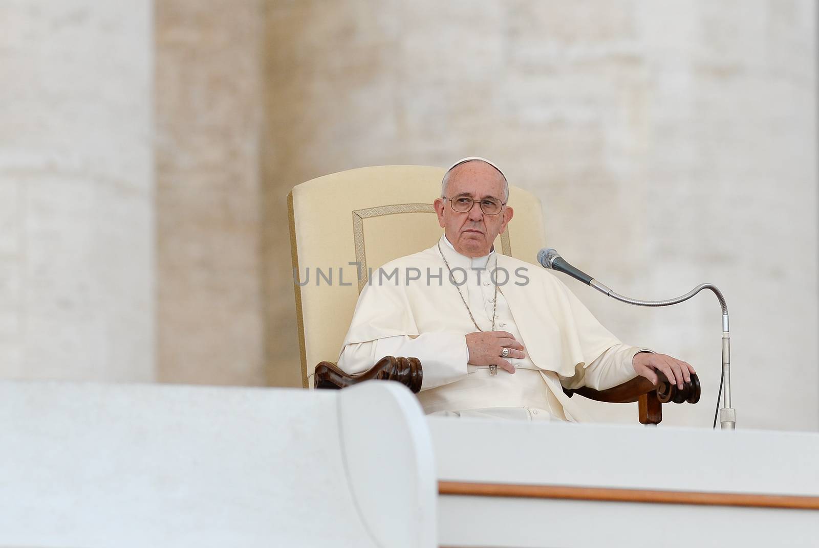 VATICAN, Rome: Pope Francis sits during his weekly general audience in St. Peter's Square, at the Vatican on April 13, 2016.The Pope's message was that Jesus is a good doctor, and there is no sickness he cannot cure. He went on to mention how Jesus got sinners, including St. Matthew, to follow him and be disciples. 
