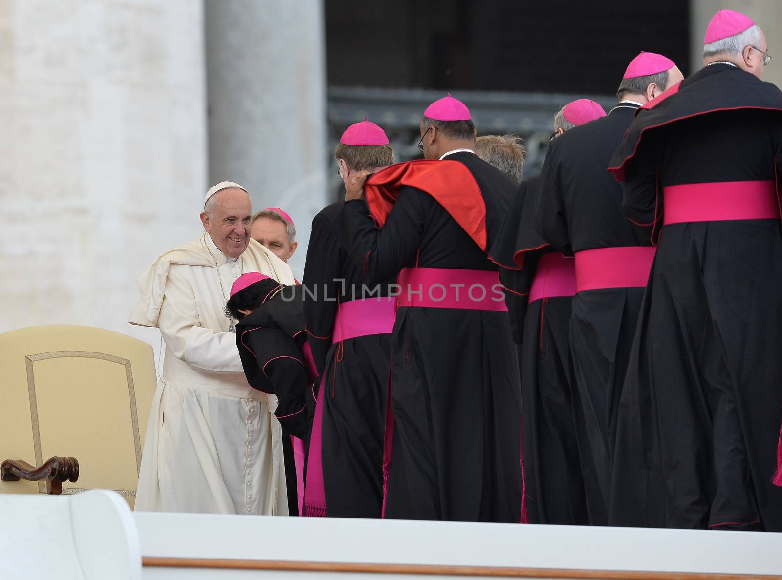 VATICAN, Rome: Pope Francis greets fellow religious figures at his weekly general audience in St. Peter's Square, at the Vatican on April 13, 2016.The Pope's message was that Jesus is a good doctor, and there is no sickness he cannot cure. He went on to mention how Jesus got sinners, including St. Matthew, to follow him and be disciples. 