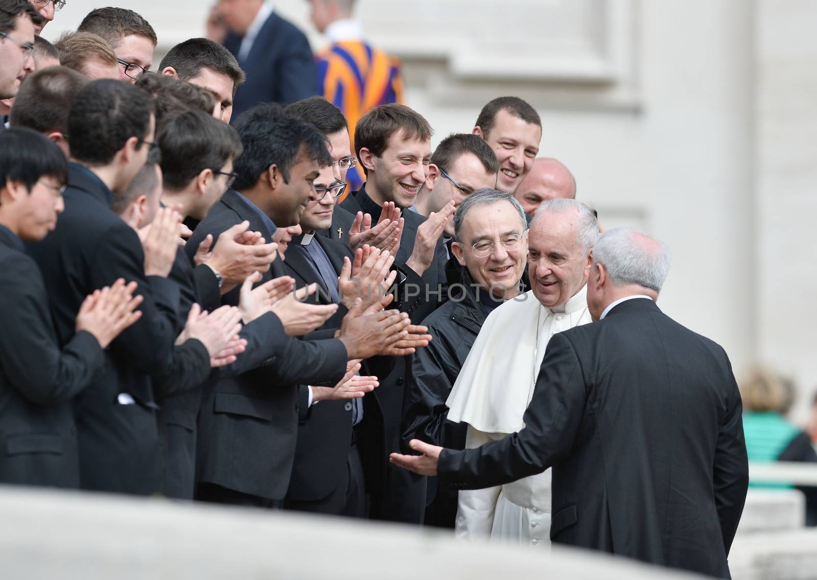VATICAN, Rome: Pope Francis greets worshippers at his weekly general audience in St. Peter's Square, at the Vatican on April 13, 2016.The Pope's message was that Jesus is a good doctor, and there is no sickness he cannot cure. He went on to mention how Jesus got sinners, including St. Matthew, to follow him and be disciples. 
