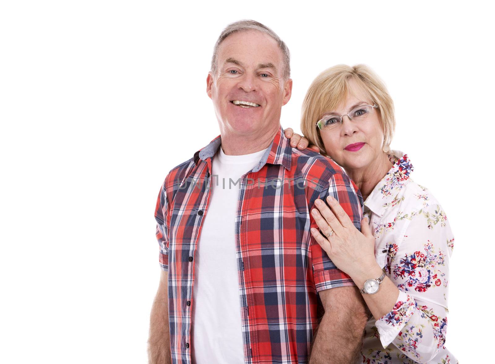 retired couple wearing summer outfits on white isolated background