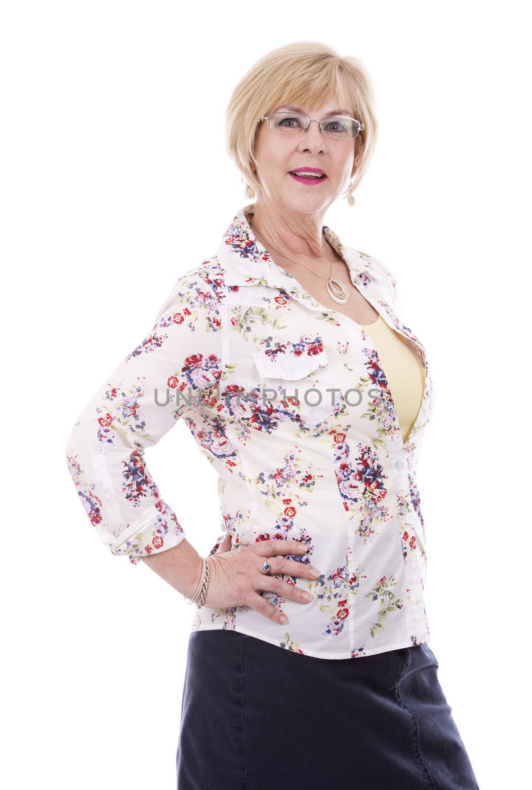 pretty woman wearing summer outfit on white isolated background