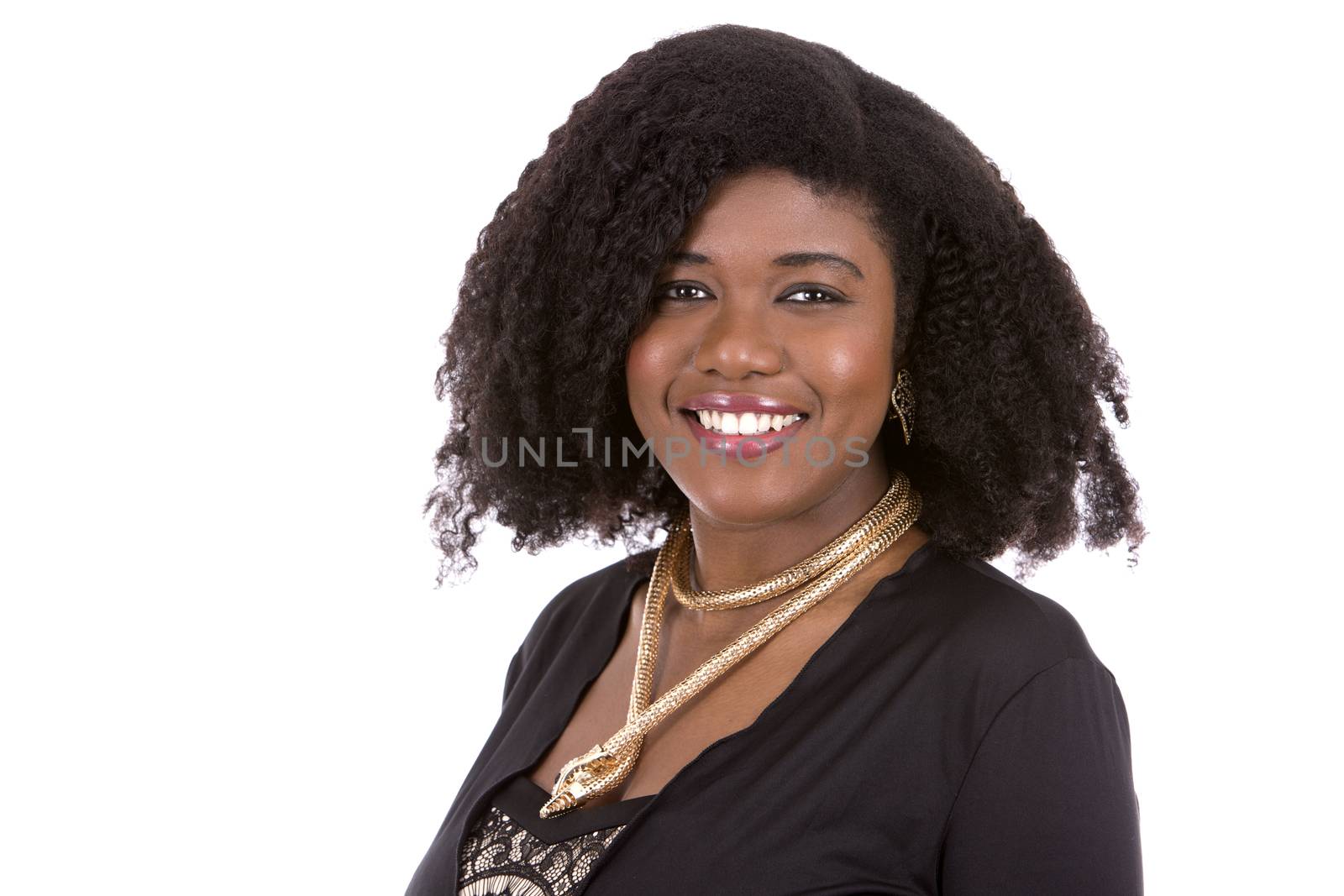 beautiful young black woman is wearing dark dress on white background