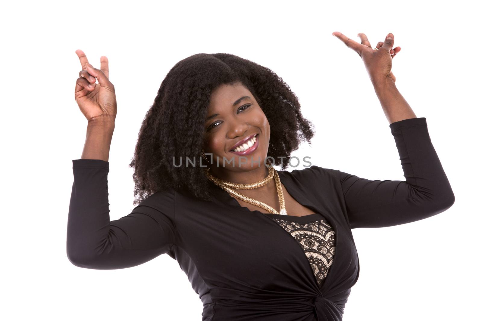 beautiful young black woman is wearing dark dress on white background