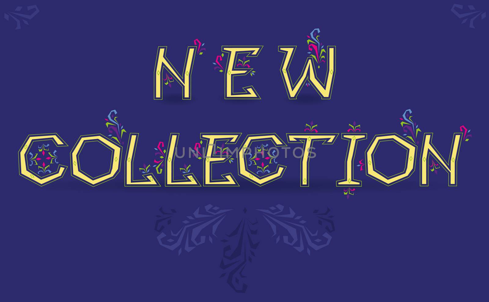 Inscription New Collection. Delicate letters with floral pattern. Illustration
