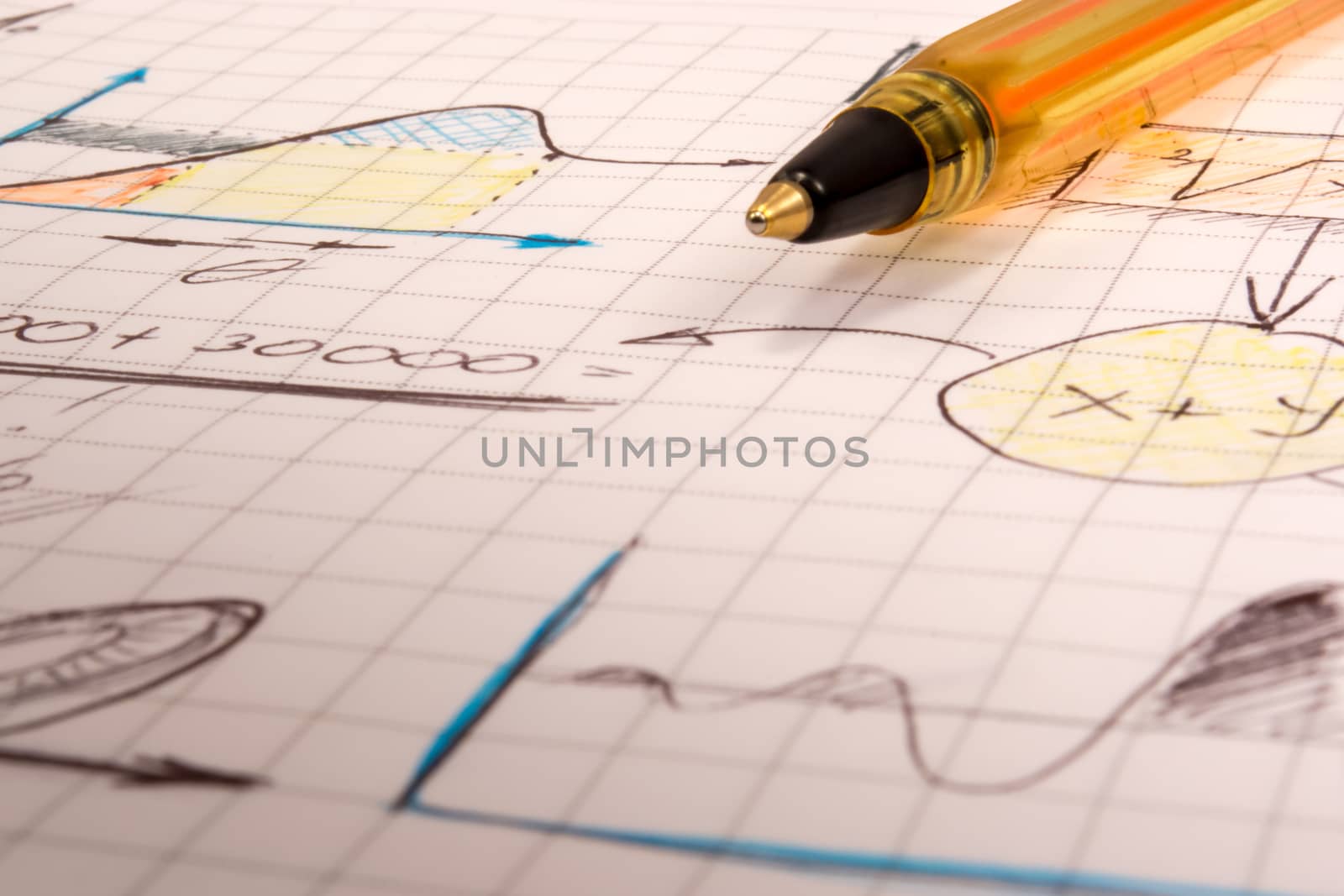 Notebook with  mathematical formulas. Orange pencil on top of the notebook