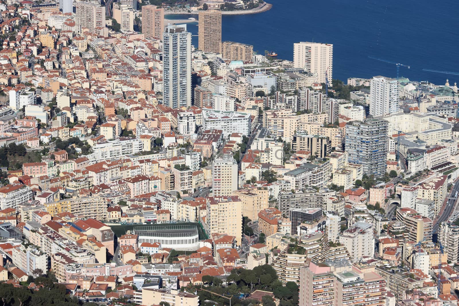 Aerial view of the Principality of Monaco - Monte-Carlo, Beausoleil, Le Larvotto
