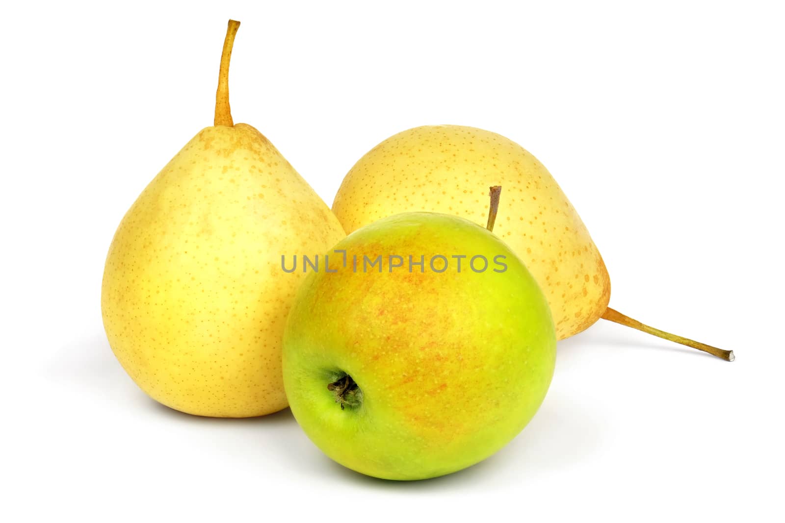 Ripe yellow pears and green apple isolated on white background.