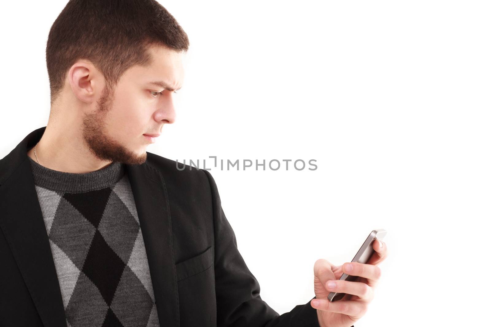 Casual businessman using his phone isolated on white