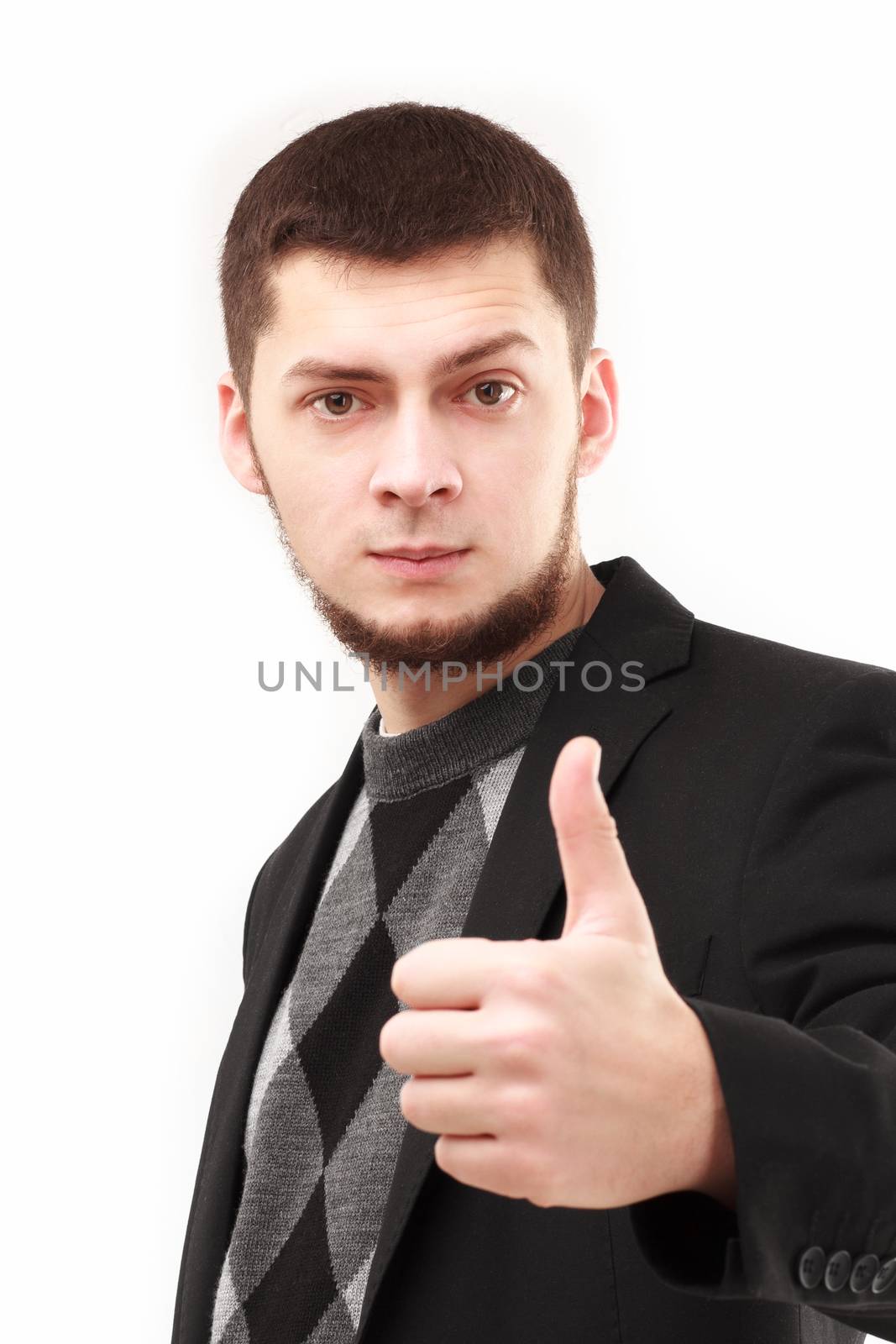 Young businessman with thumb up isolated on white