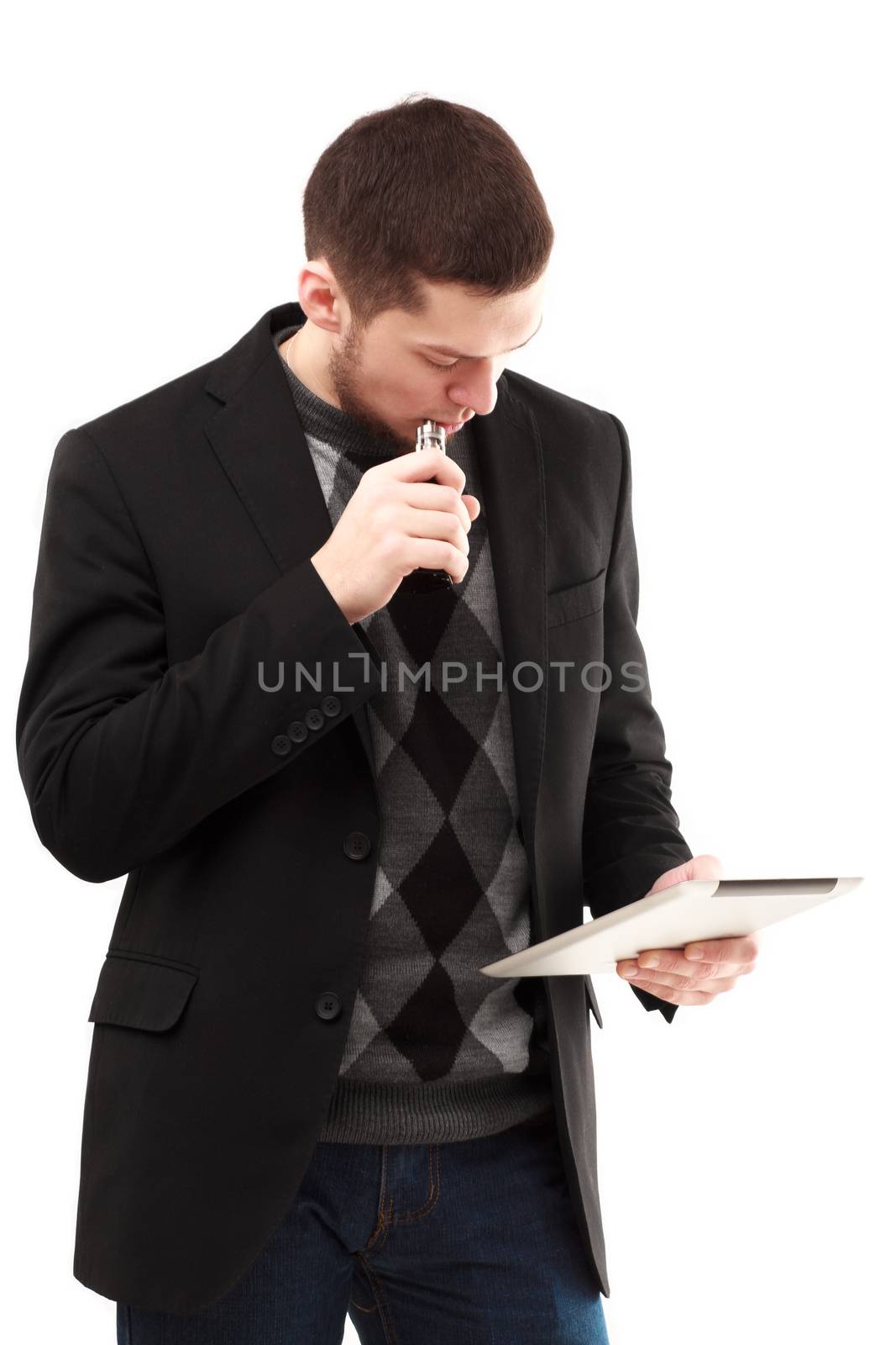 Vaping casual businessman using his tablet isolated on white