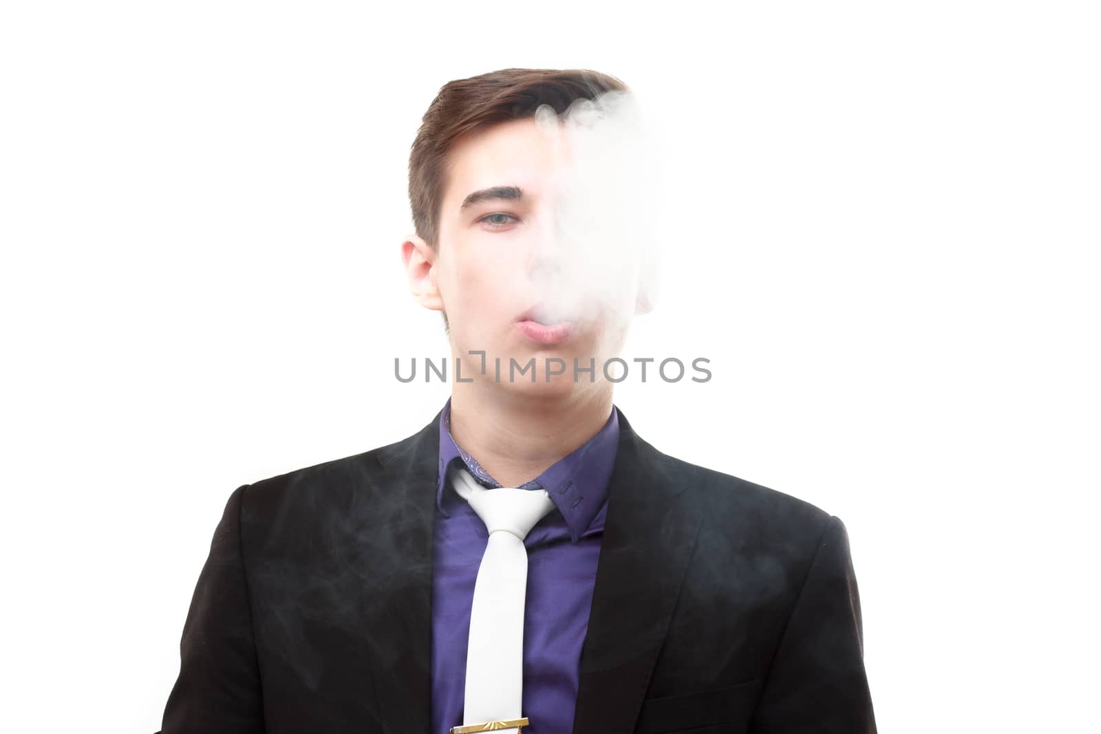 Portrait of a man in suit smoking an e-cigarette. Let the steam  by DmitryOsipov