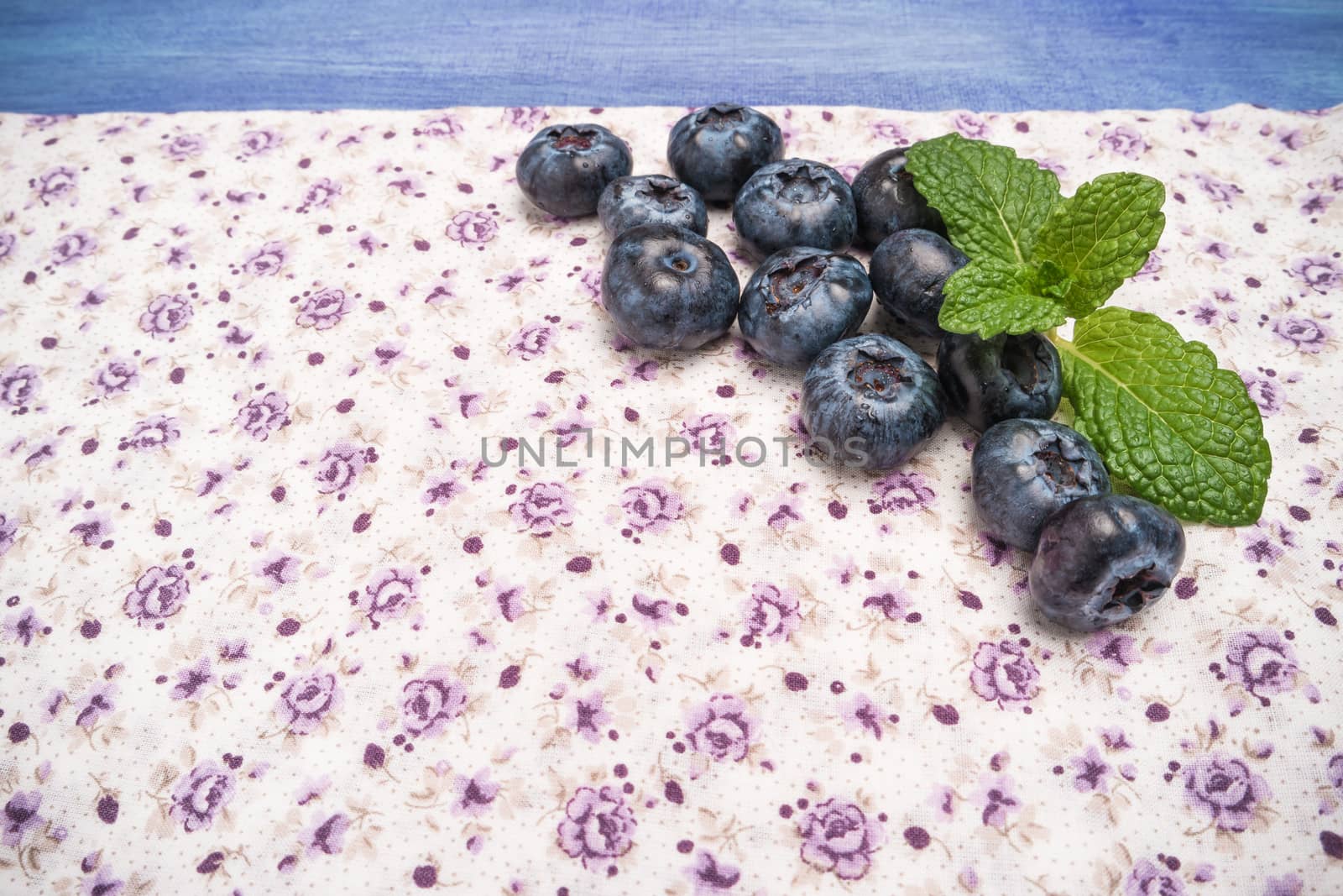 Fresh blueberries and mint leaf on cute fabric background with copy space