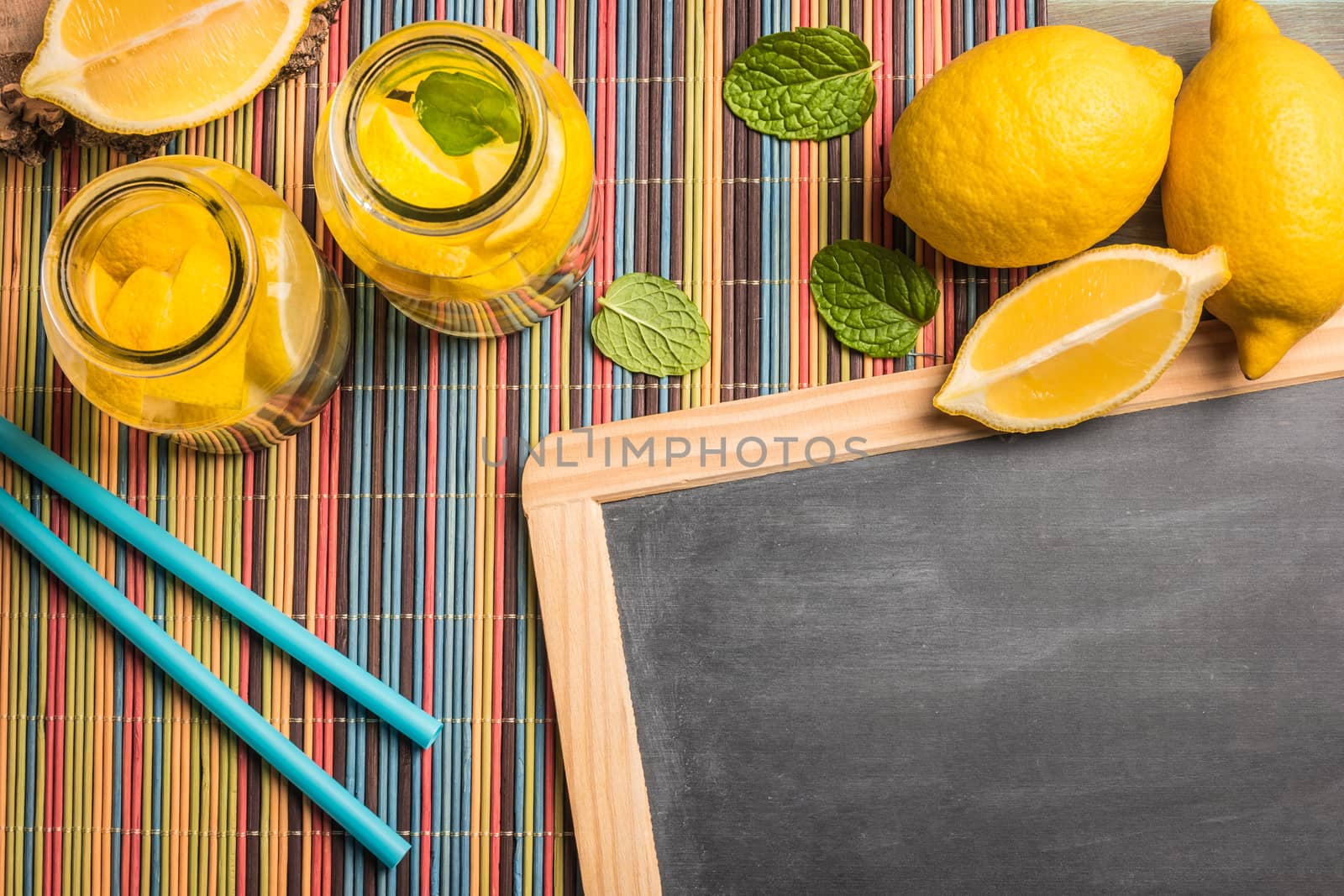 Glass of homemade lemonade with mint and lemon wedges. Top view with copy space.