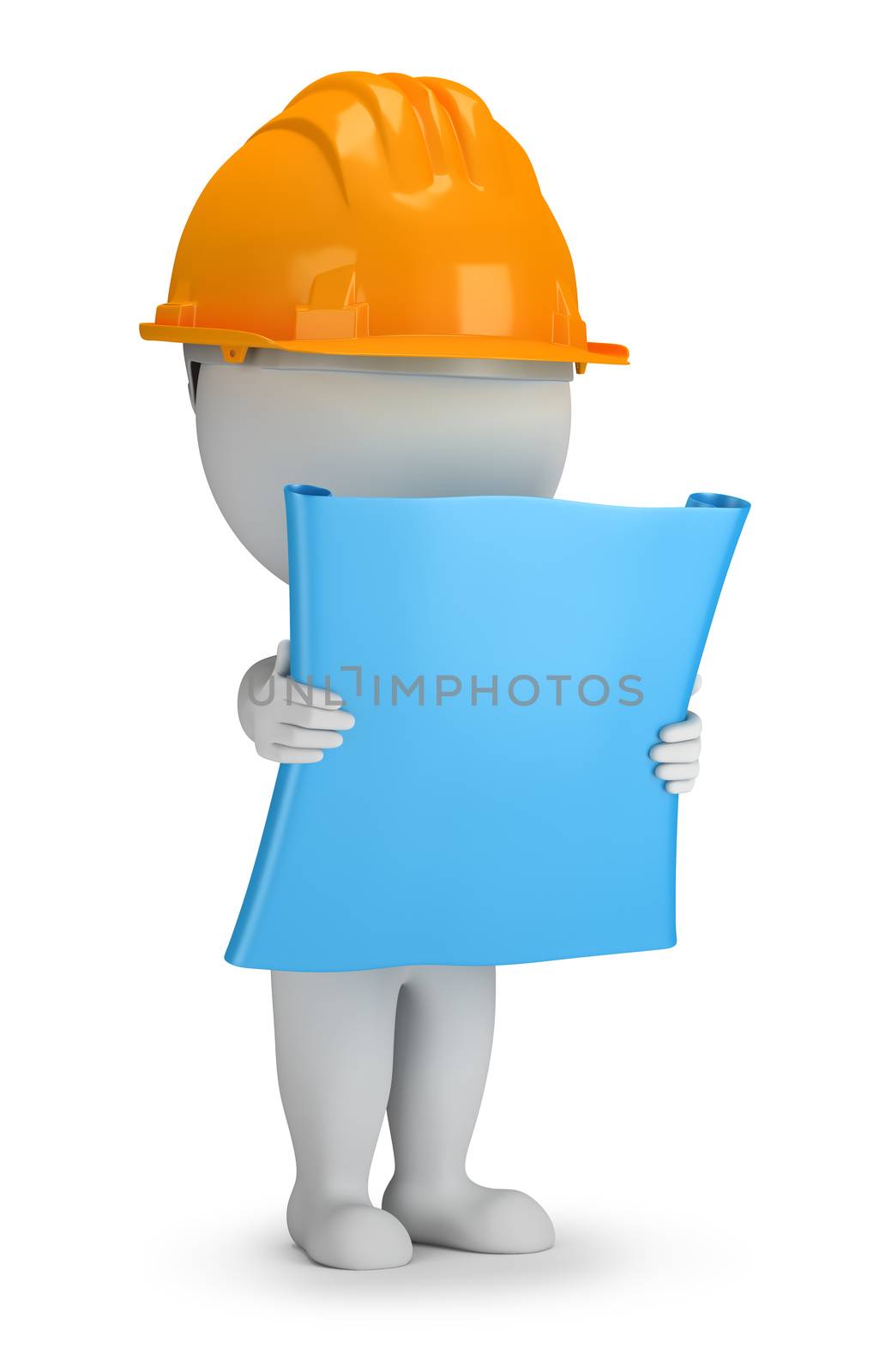 3d small person - builder with the plan in his hands. 3d image. White background.