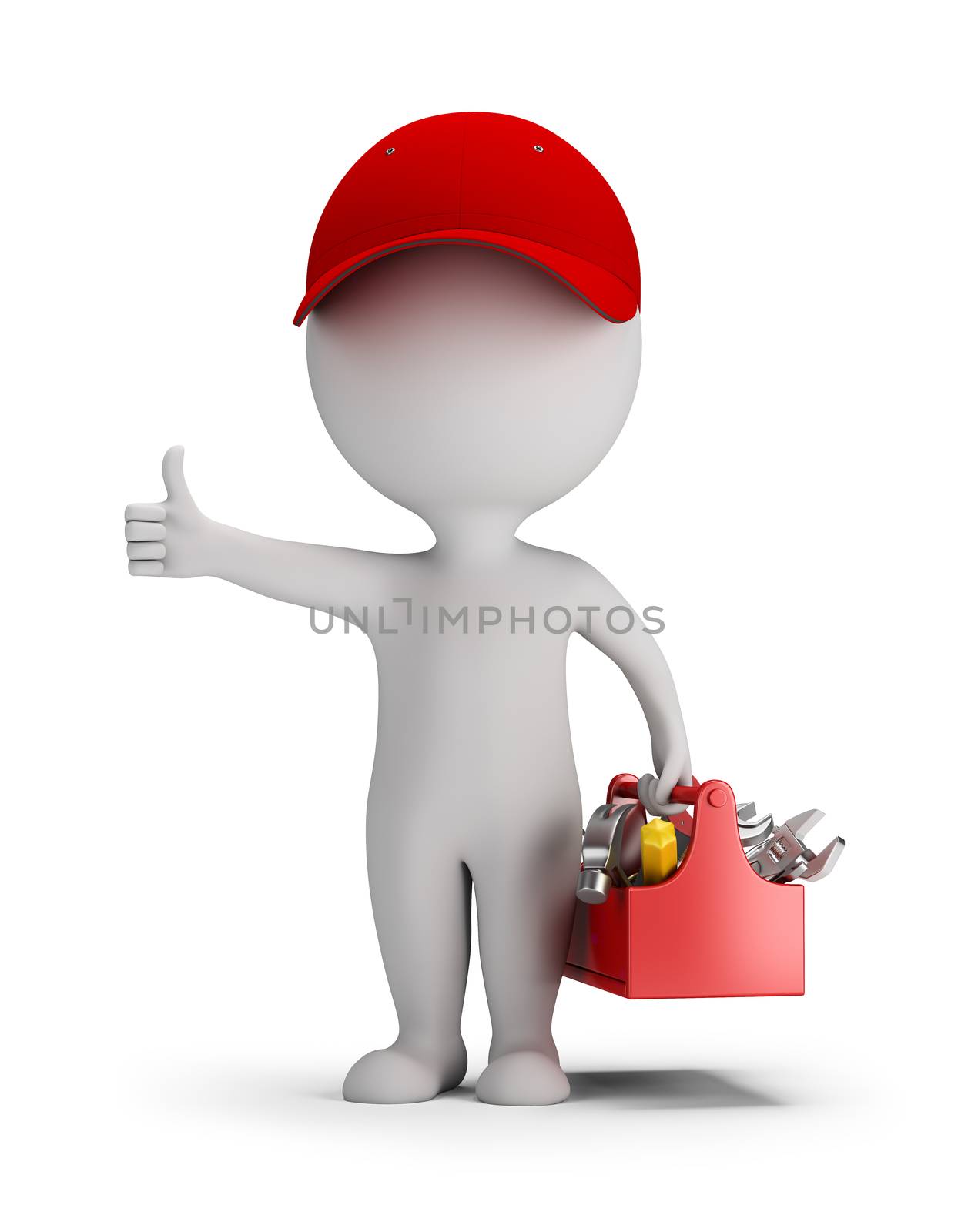 3d small person - mechanic with tool box. Thumb up. 3d image. White background.