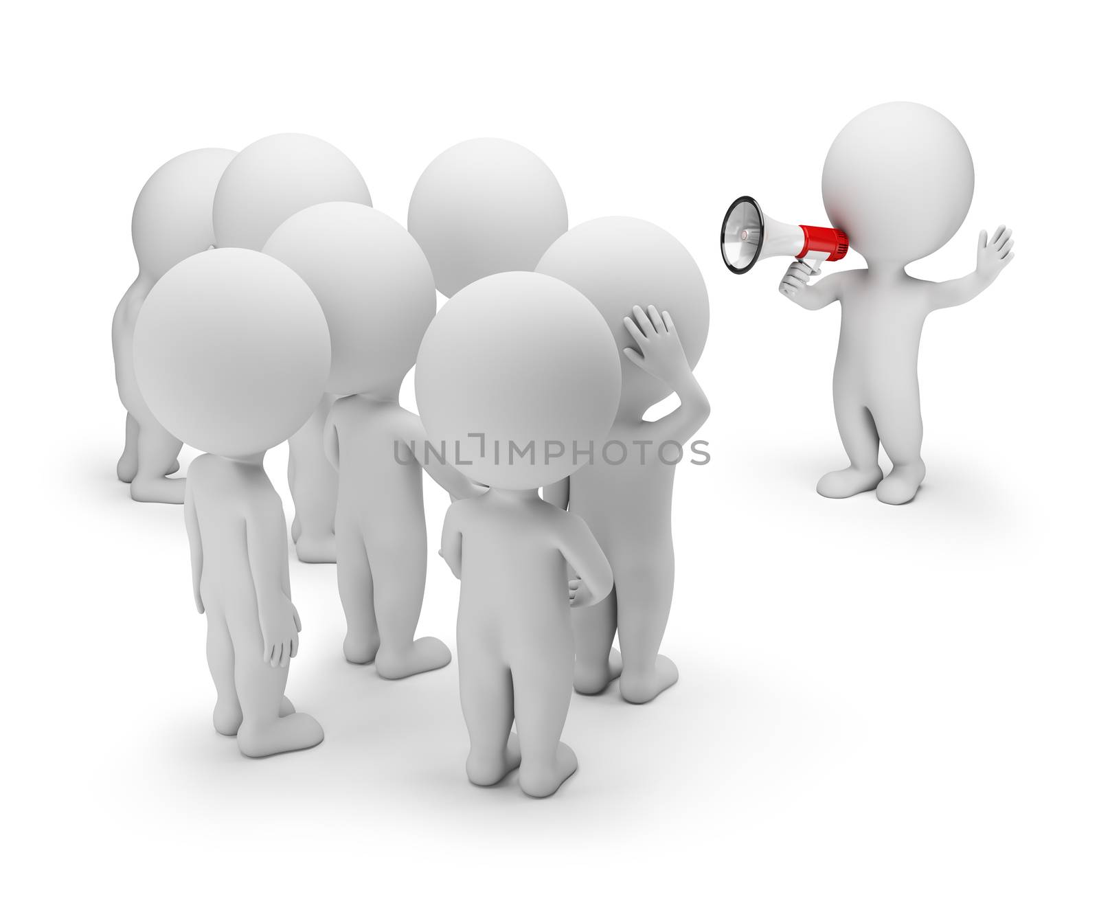 3d small person talking on a megaphone to the crowd. 3d image. White background.