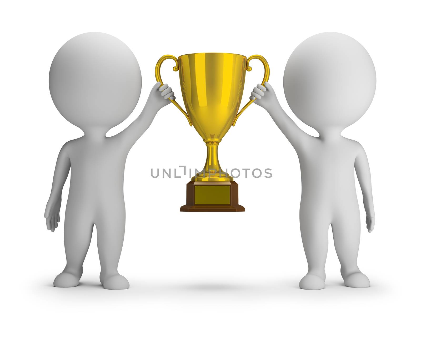 3d small people - two winners with a golden cup. 3d image. White background.