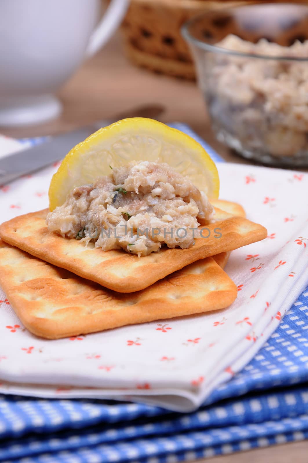 Snack of fish paste  herring (forshmak) on crackers  close up