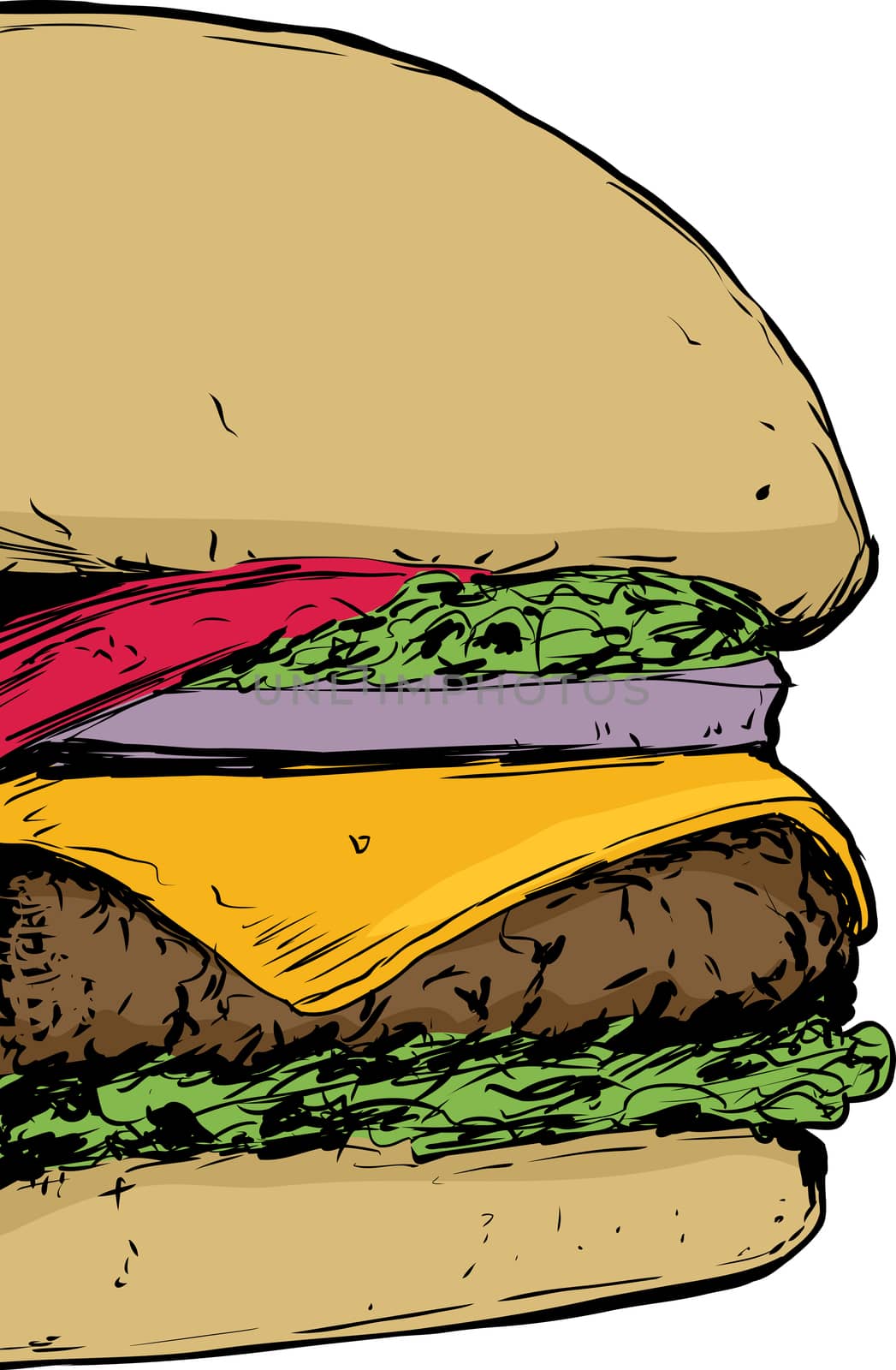 Cropped close up view on delicious cheeseburger with tomato, lettuce and onion on bun