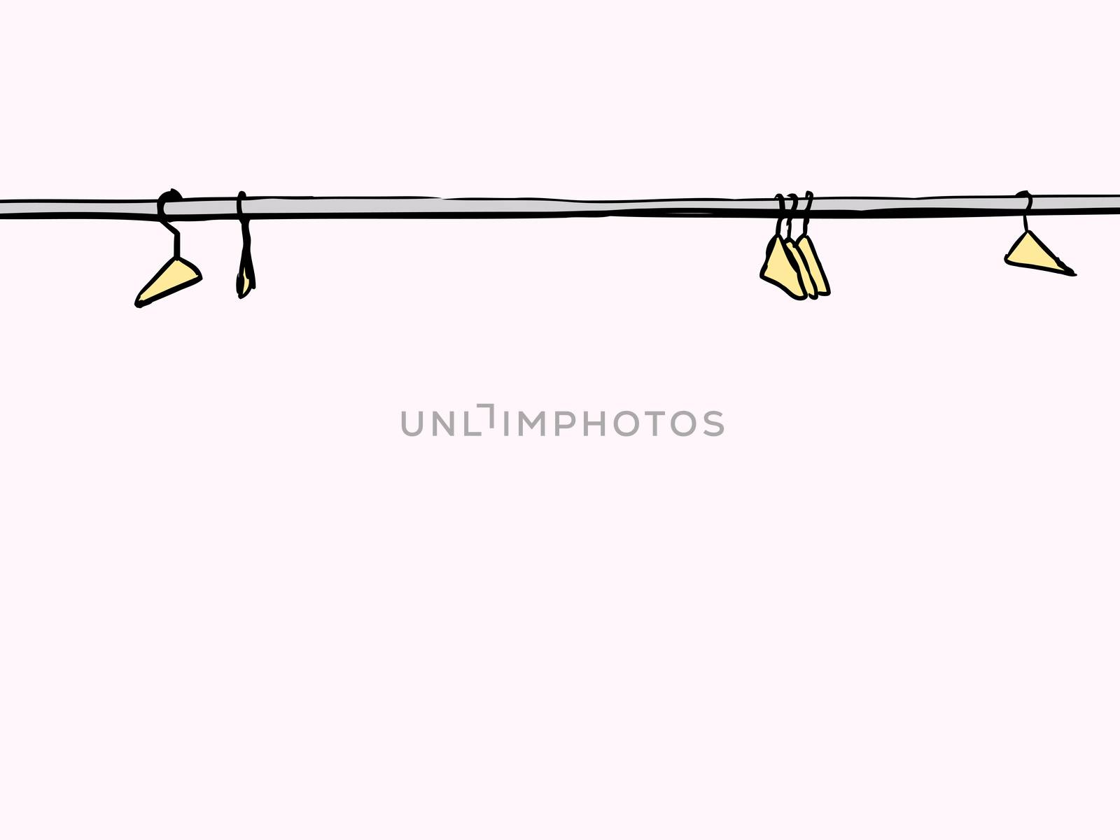Empty clothes hangers scattered along metal rod over white background
