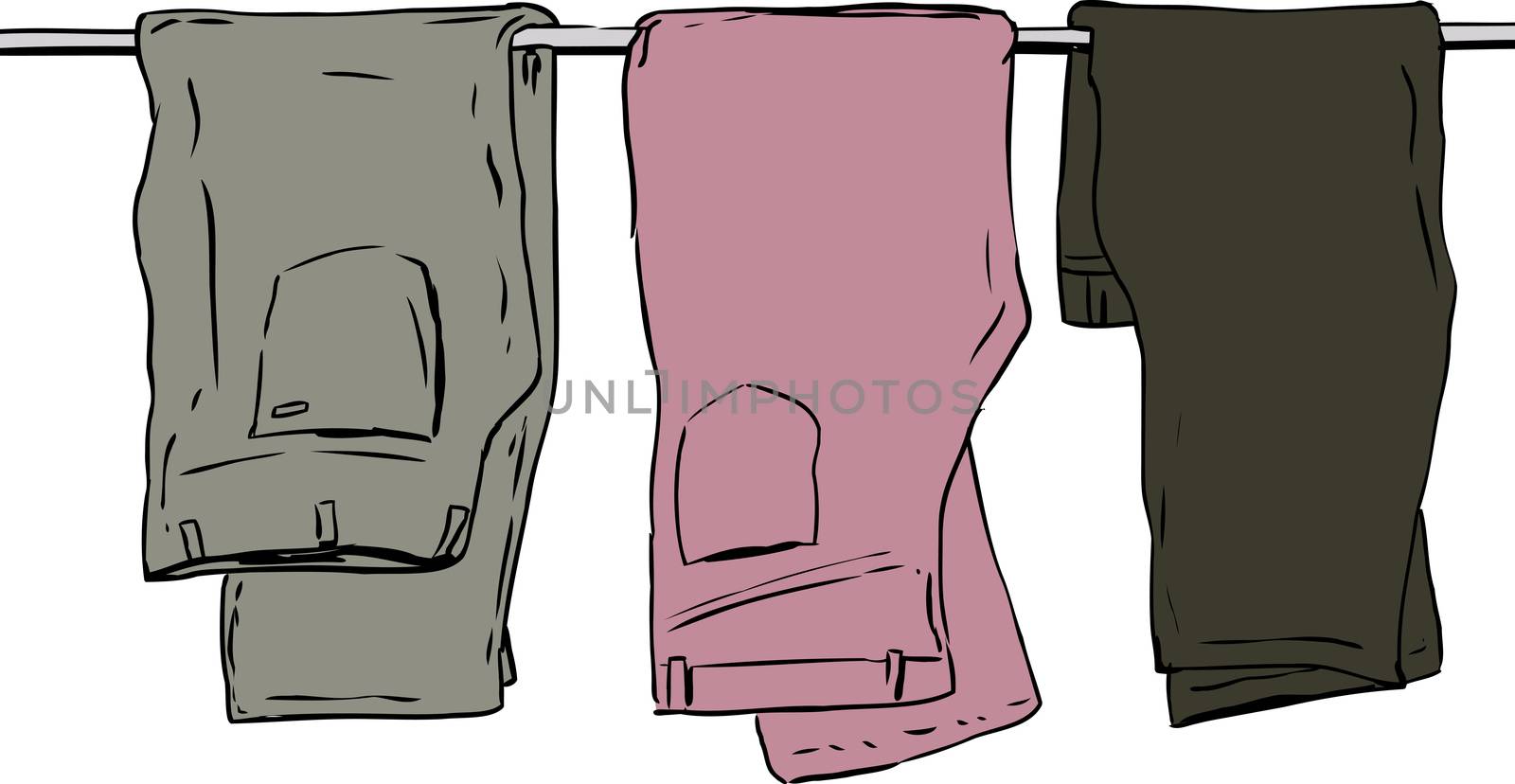 Hand drawn illustration of three pairs of folded jeans and pants over white background