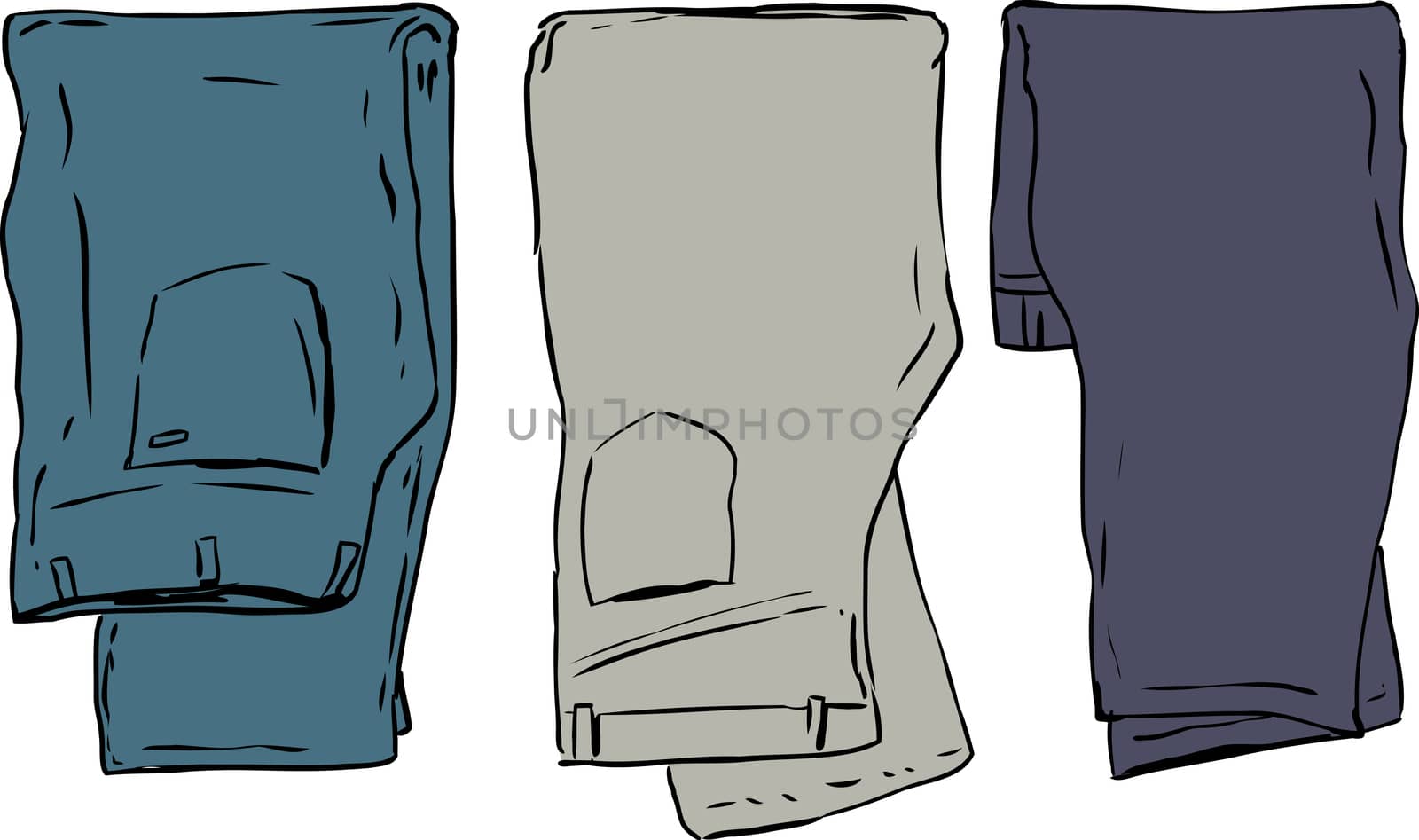 Simple illustration of three pairs of folded jeans and pants