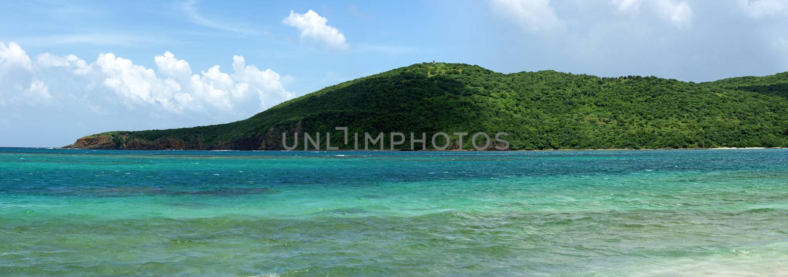 Panoramic view of the gorgeous white sand filled Flamenco beach on the Puerto Rican island of Culebra.
