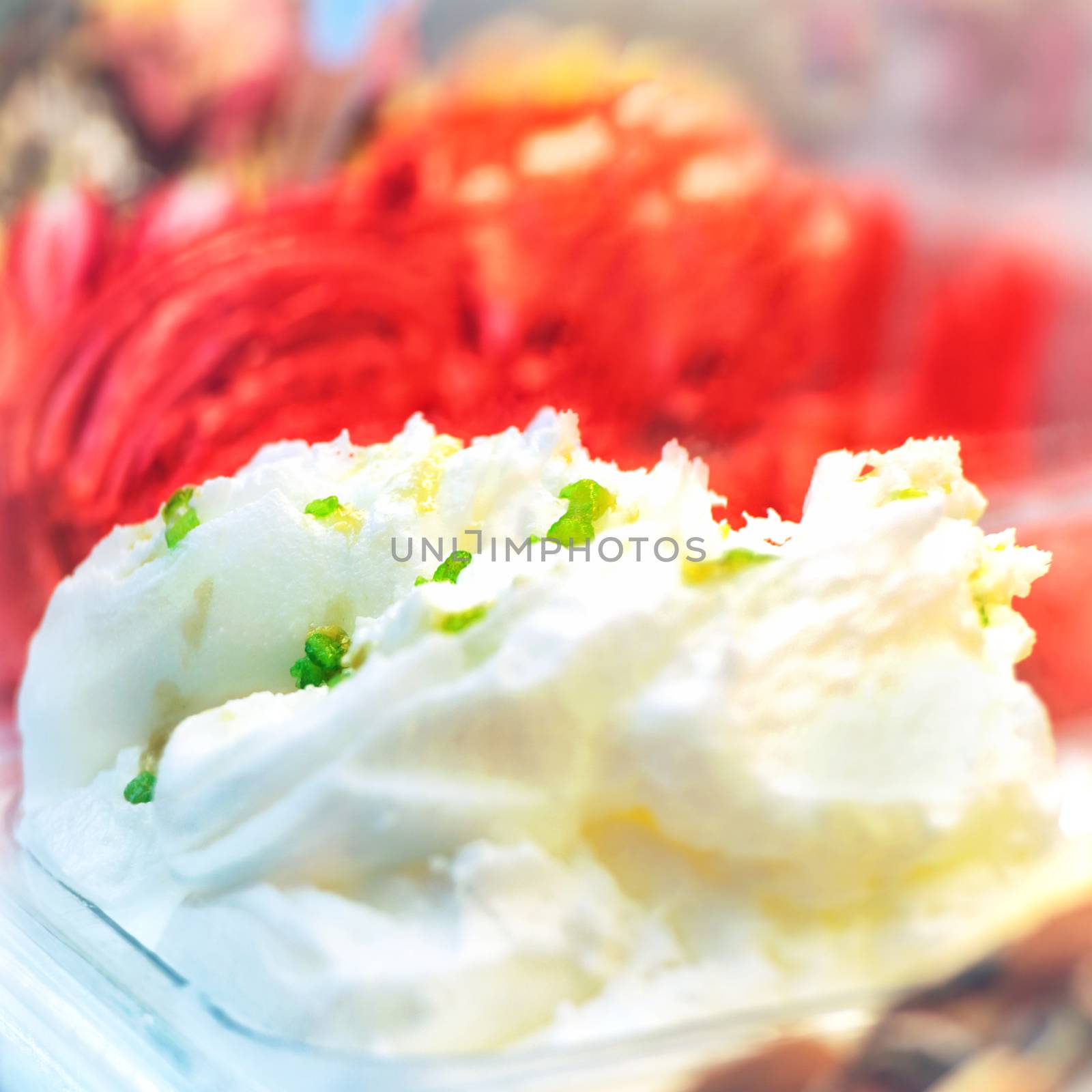 Delicious white vanilla and red watermelon ice cream gelato in a box