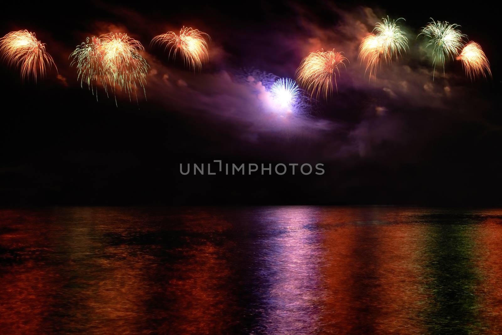 Colorful fireworks on the black sky background