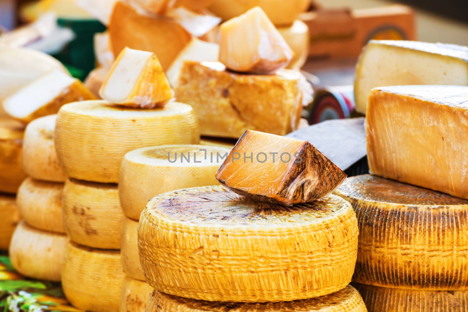 Different sorts of farm made italian cheese produced from goat milk