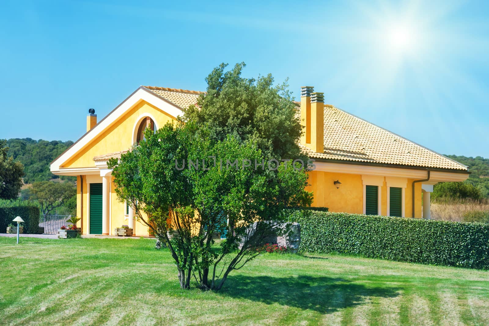 Cozy house with garden, trees and green lawn. Bright sun on the blue sky.