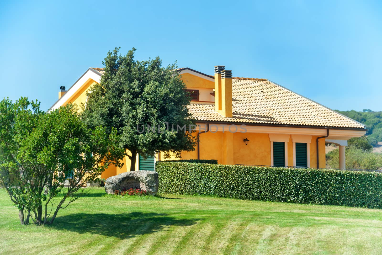 Cozy house with garden, trees and green lawn