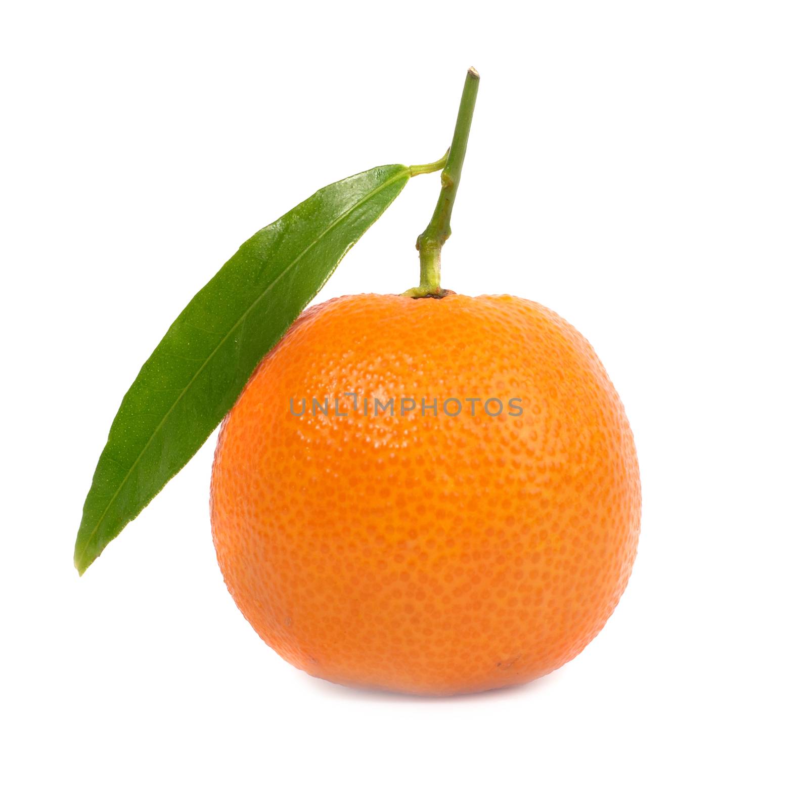 Orange mandarin with green leaf isolated on white background