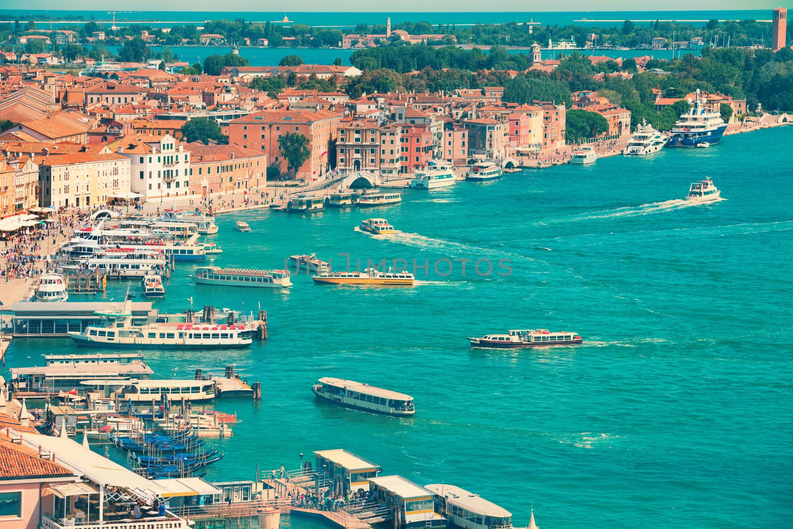 View from Campanile bell tower on boats and ships in Grand Canal by vapi