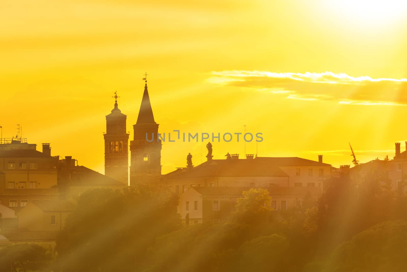 Sunset in Venice. View from the sea to Saint Mark square