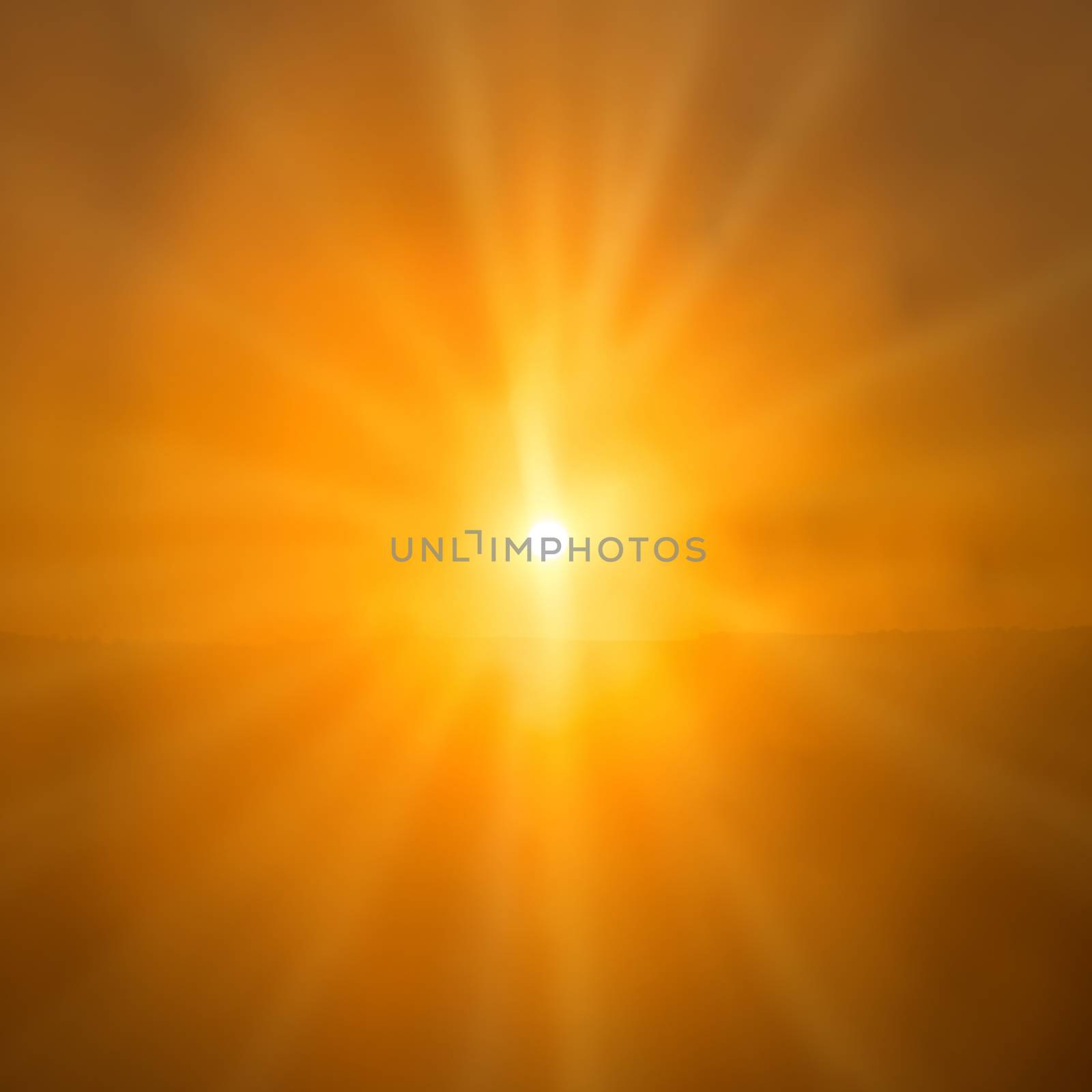 Abstract sunset- shining orange sun with sunbeams over sky background