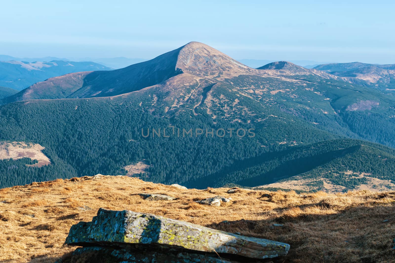 Beautiful valley in Carpathian mountains in Ukraine. View from Petros to Hoverla