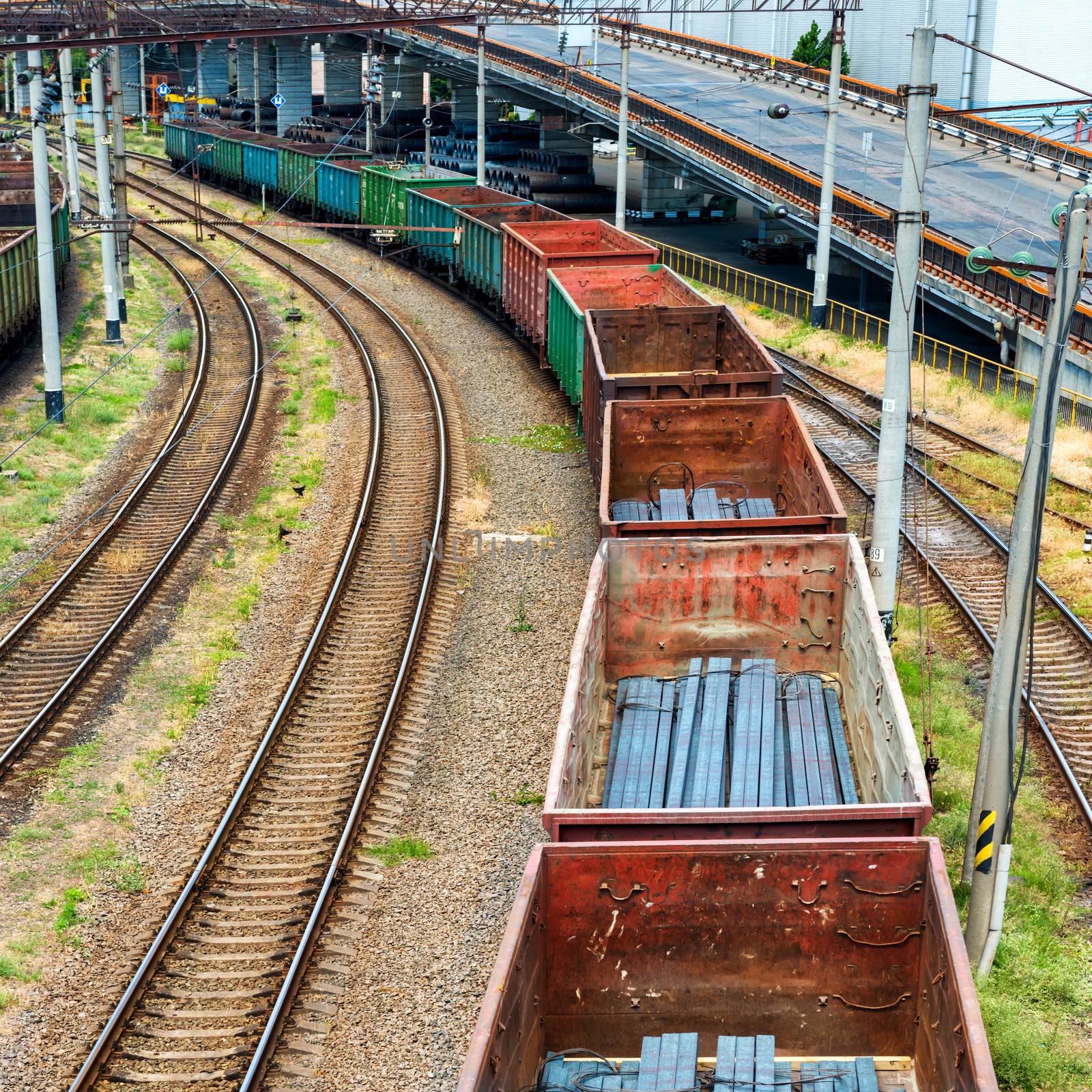 Train with cargo wagons on the railroad