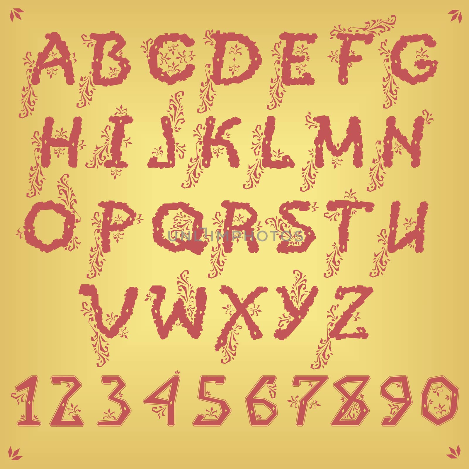 Ethnic Red Alphabet with Floral Pattern. Illustration