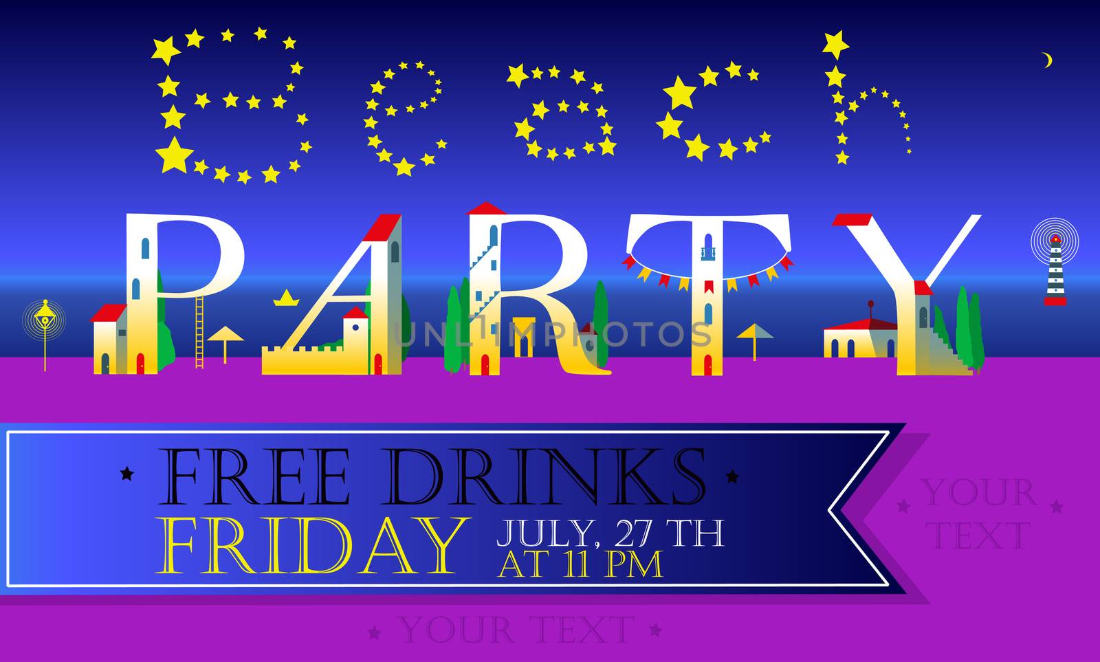 Beach Party Inscription. Cute houses Font. Illustration