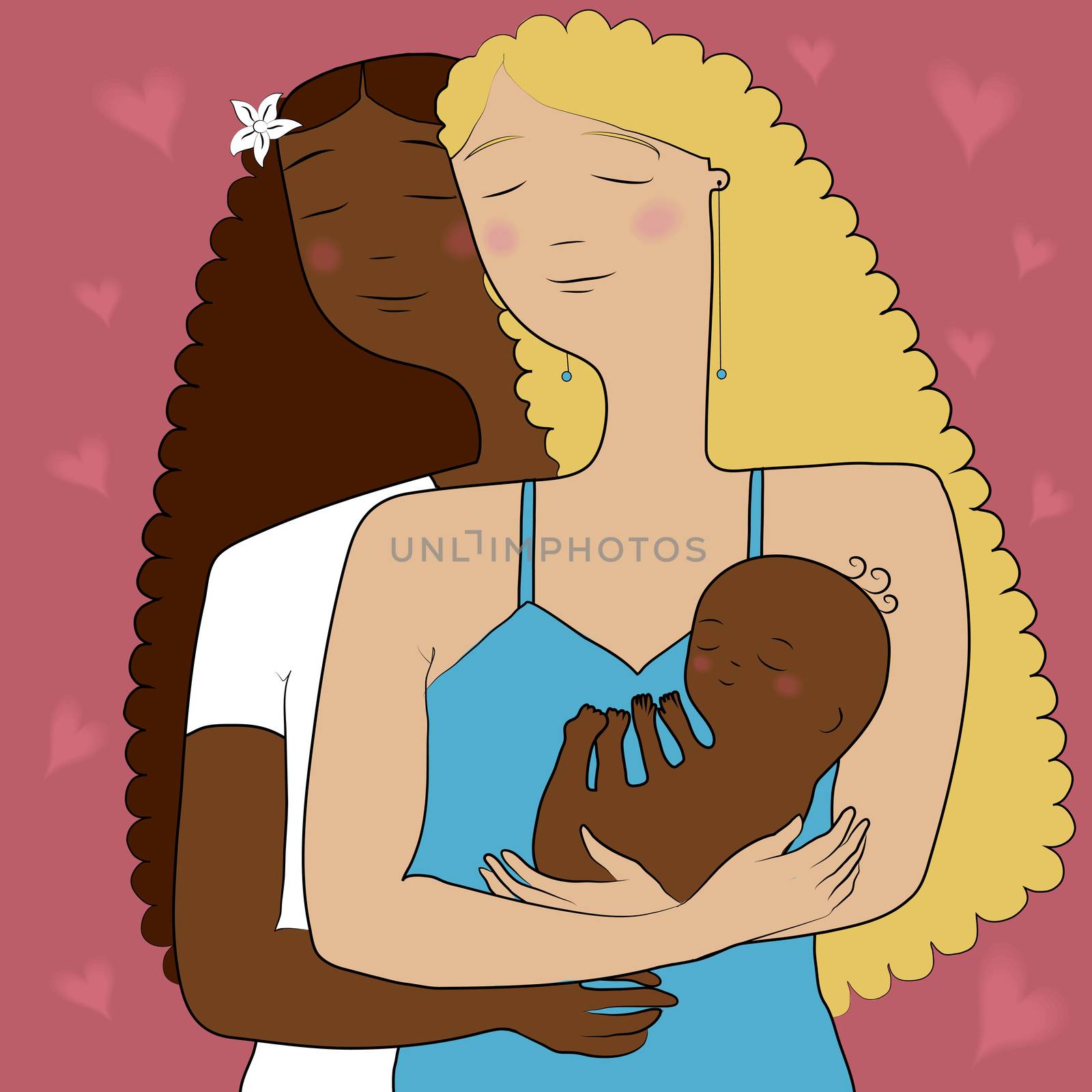 Two happy mothers. Lesbian family. Illustration