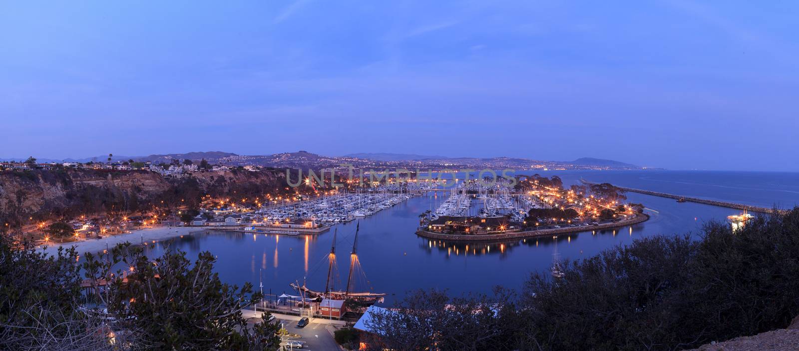 Panoramic view of Dana Point harbor at sunset in Dana Point, California, United States