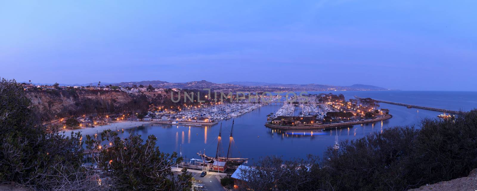 Panoramic view of Dana Point harbor at sunset in Dana Point, California, United States