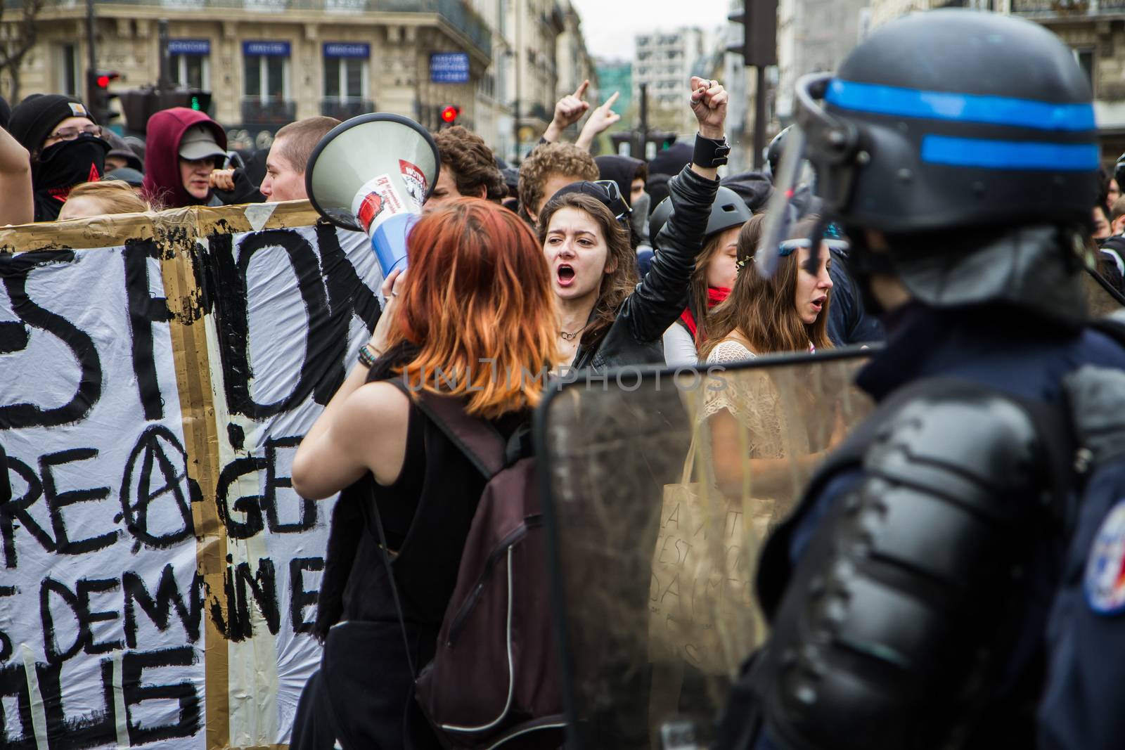 FRANCE, Paris: Hundreds chant and demonstrate against the French government's proposed labour law reforms on April 14, 2016 in Paris. Fresh strikes by unions and students are being held across France against proposed reforms to France's labour laws, heaping pressure on President Francois Hollande who suffered a major defeat over constitutional reforms on March 30.