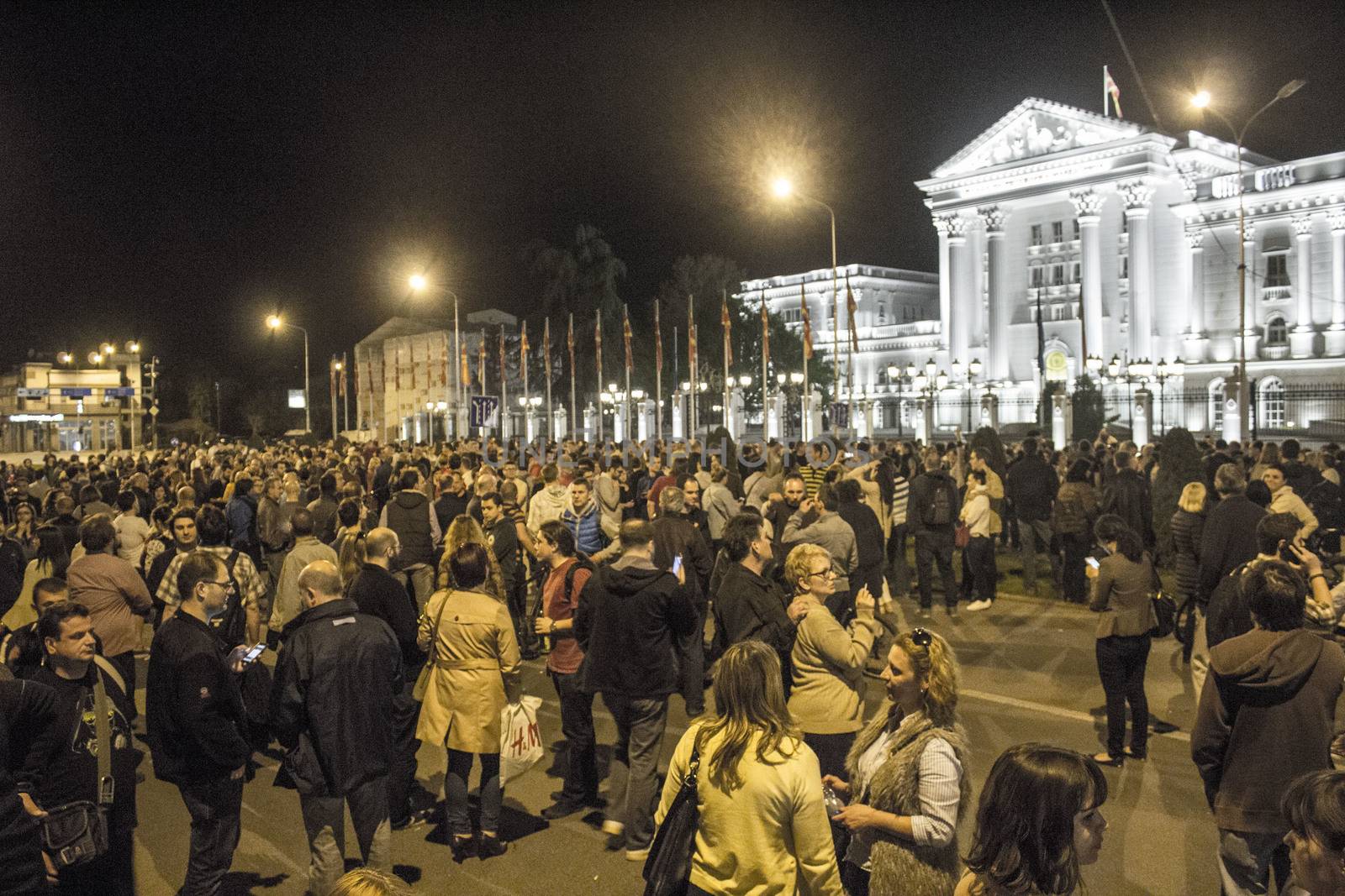 MACEDONIA, Skopje: Thousands take to the streets for the first day of massive protests against the president's shock decision to halt probes into more than 50 public figures embroiled in a wire-tapping scandal in Skopje, capital city, northern Macedonia, on April 12, 2016. Some protests in the capital had turned violent, when demonstrators ransacked the offices used by President Gjorge Ivanov team and set fire to the furniture.