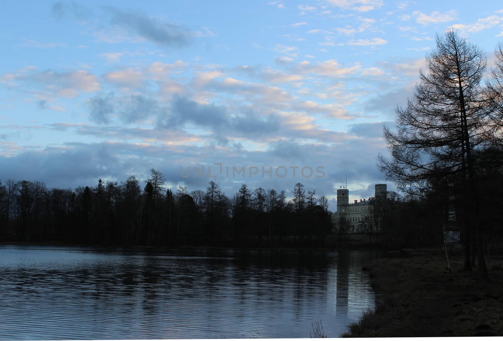 Gatchina Palace and white lake in Gatchina park, winter, December 2015