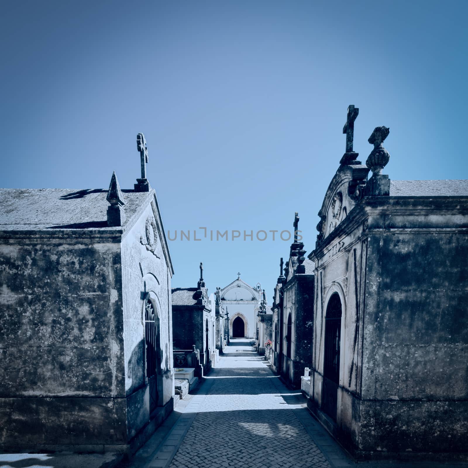 Small Catholic Cemetery in the Portugal Village, Vintage Style Toned Picture 