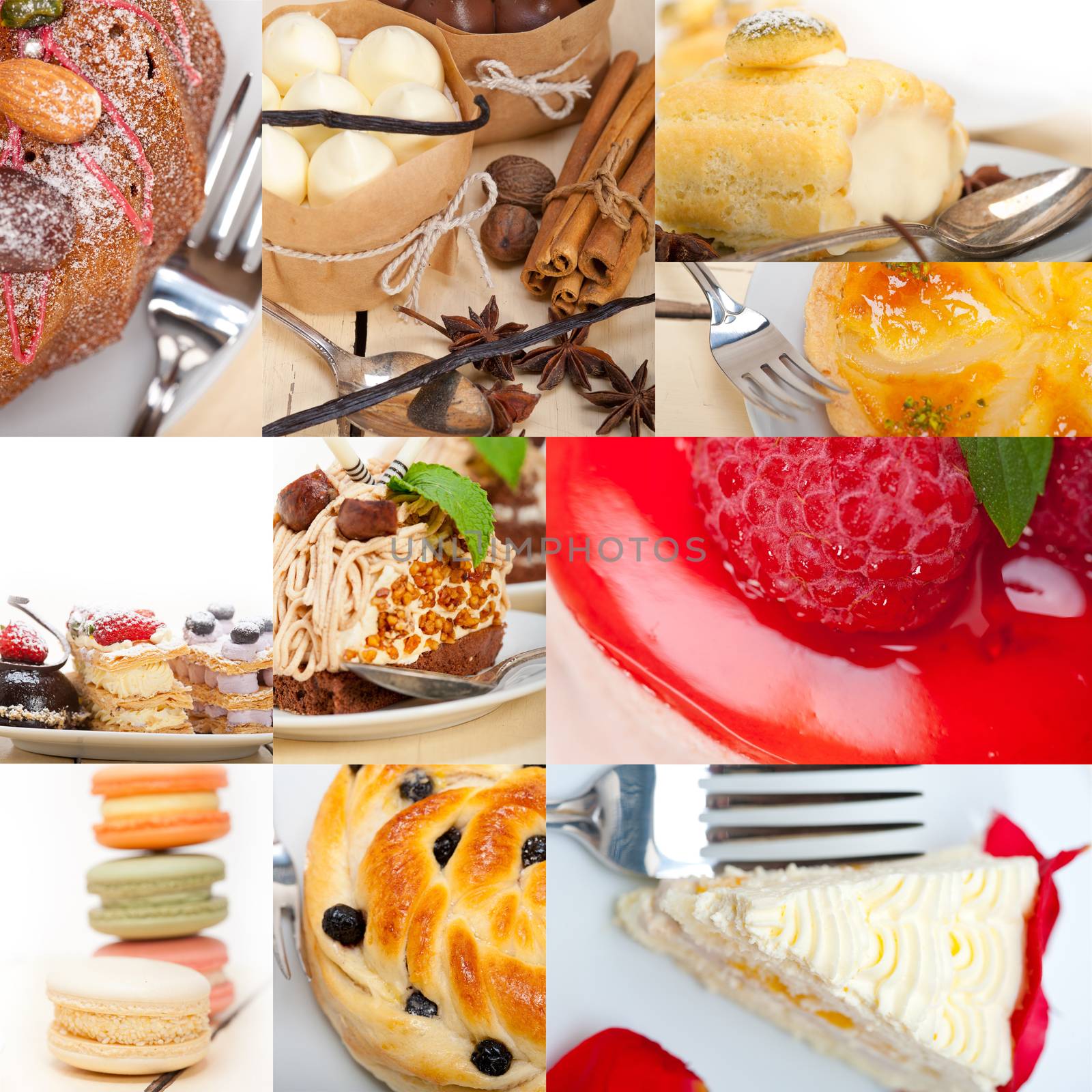 fresh colorful delicious homemade dessert cake selection composition collage 