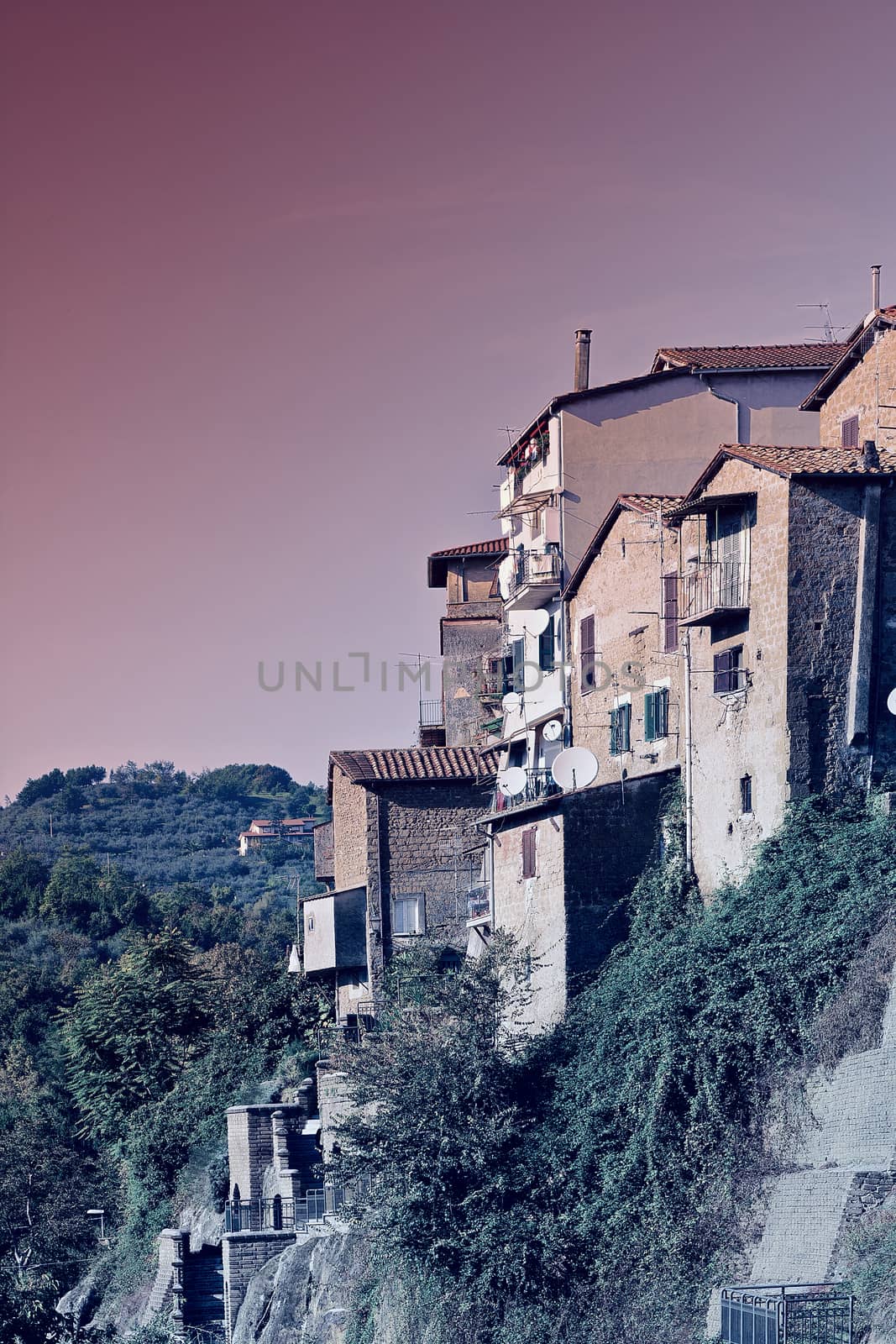 View of the Medieval City of Gerazzano in Italy, at Sunset,Vintage Style Toned Picture